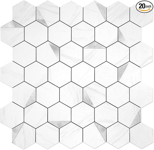 20-Sheet Hexagonal Peel and Stick Backsplash, Jazz White Kitchen Backsplash Wall Tiles, Stone Surface Waterproof Stick on Tile for Bathroom, RV, Fireplace