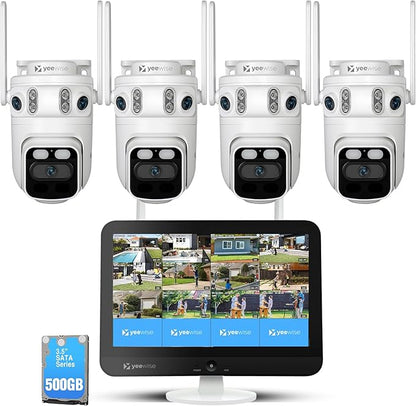 yeewise Triple Lens Wireless Security Camera System with 12" Monitor, 180° Wide View + 360° PTZ AI Tracking, WiFi 6, 16CH NVR, 24/7 Recording, 500GB HDD, No Monthly Fee, Plug-in Power
