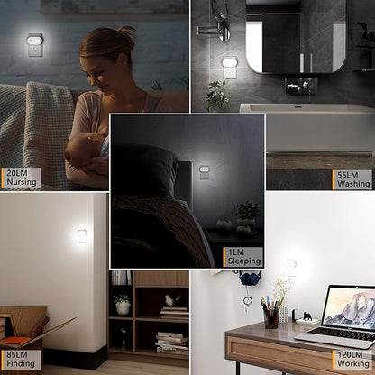 Lyridz 120LM Ultra Bright Plug-in Motion Sensor Night Light, Stepless Dimmable LED Nightlight, Always-On and Auto-Off, for Hallway, Stairs, Bathroom, Bedroom, Garage, Cool White (4-Pack)