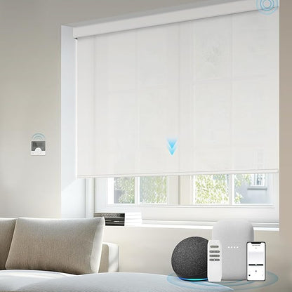 Smart Shades Compatible with Alexa Google Custom to 115" Width Light Filtering Motorized Blinds Automatic Large Window Roller Shade Remote Control 50% Blackout Solar White