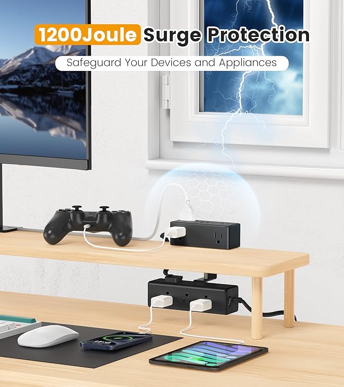 Dual Layer Desk Clamp Power Strip, Desktop Edge Mount Surge Protector with 15 AC Outlets & 4 USB Ports(20W USB-C), Ultra Thin Flat Plug & 15FT Power Cord for Office Home(ETL Listed)