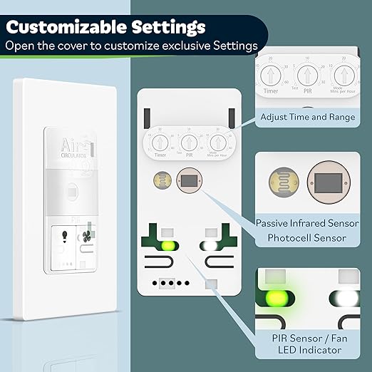 TOPGREENER Dual Load Air Circulator Switch, Infrared PIR Motion Sensor Timer for Bathroom Exhaust Fan & Light Combo, Neutral Wire Required Auto Hourly Fresh Air Switch, TDTOS5-W, White