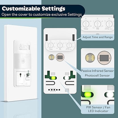TOPGREENER Dual Load Air Circulator Switch, Infrared PIR Motion Sensor Timer for Bathroom Exhaust Fan & Light Combo, Neutral Wire Required Auto Hourly Fresh Air Switch, TDTOS5-W, White
