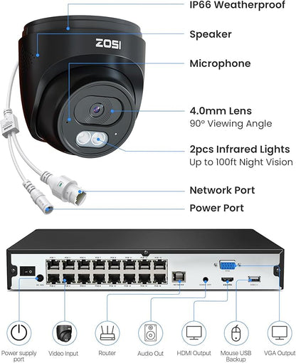 ZOSI C220 16CH 4K PoE Home Security Camera System, 16 Channel 4K 8MP NVR with 4TB HDD for 24/7 Record, 12 x 4MP(1440p) QHD 2.5K Dome IP Cameras Outdoor Indoor, Smart AI Human Detection, Two-Way Audio