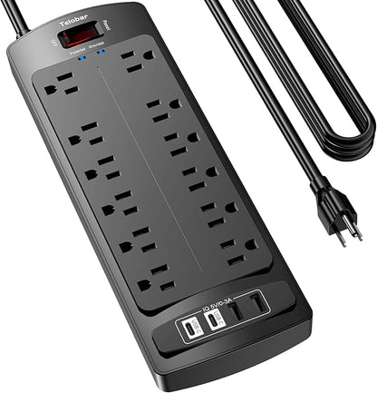 15 Ft Extension Cord Power Strip, Teiobar Surge Protector with 12 AC Outlets and 4 USB Ports for Home, Office, Dorm Essentials, 1875W/15A, 2700 Joules, ETL Listed, Black