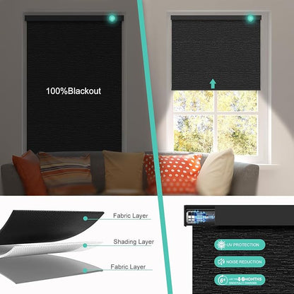 Motorized Blinds with Remote, Blackout Smart Automatic Electric Blinds for Windows Compatible with Alexa Homekit, Cordless Indoor Motorized Roller Shades with Custom Size（Black Luminous）