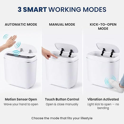 Motion Sensor Trash Can, Automatic Touchless Trash bin, 2.6 Gallon for Bathroom, Bedroom & Office - Waterproof, Quiet Close, White