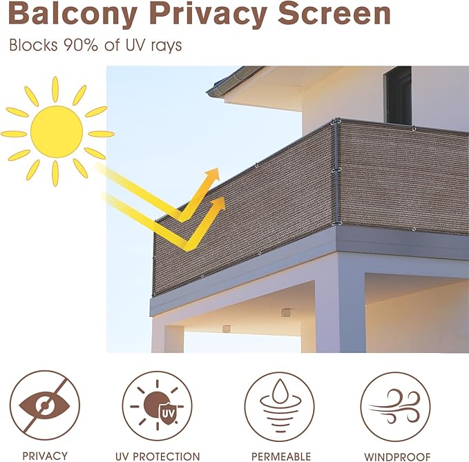 SUNNY GUARD 2.5'x5' Brown Balcony Privacy Screen Fence, Apartments Railing, Heavy Duty Wind Screen for Outdoor,Deck,Backyard,Patio Privacy（We Make Custom Sizes）