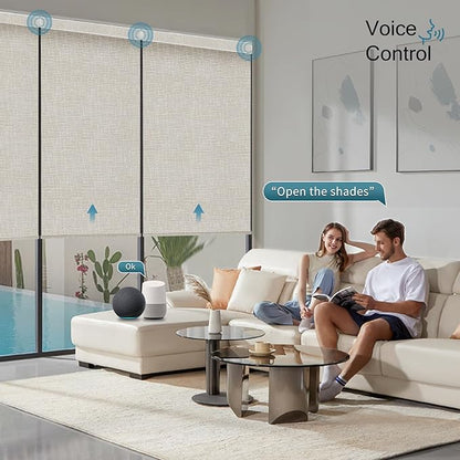 Motorized Roller Shade,100% Blackout Smart Window Blinds Work with Homekit, Alexa, Google Home, Remote Control, Electric Blinds with USB/Solar Pannel,Custom up110''Wx120''H,Texture Cream