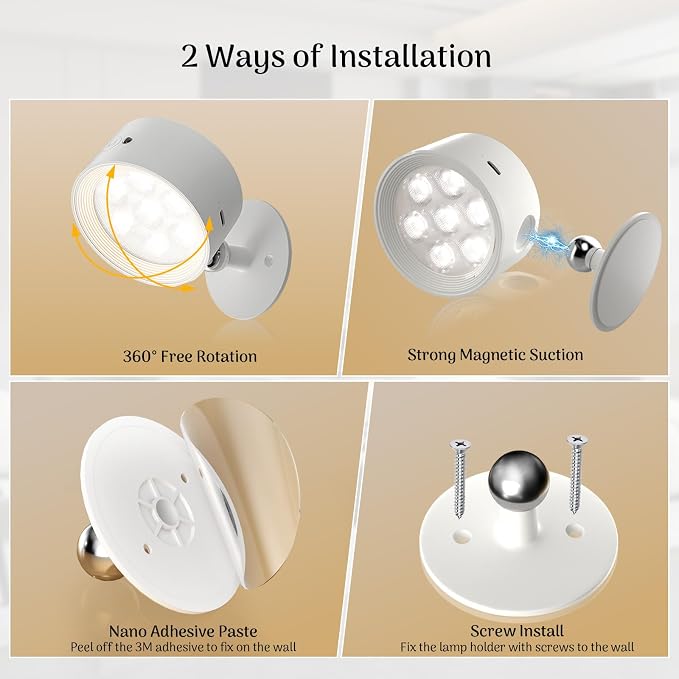 Rechargeable Wall Sconce 2 Pack, Remote & Touch Control, Dimmable | 3 Color Temps, Wireless LED Wall Lights, Magnetic Reading Light, 360° Rotating Wall Lamps for Bedroom Bedside, Living Room