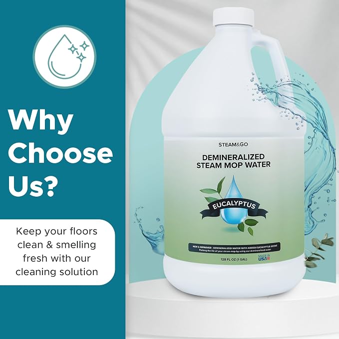 Steam & Go Demineralized Water for Steam Mop – Eucalyptus Mint Scent, 128 oz (Pack of 1) | Scented Floor Cleaner Solution, Ready-to-Use, Compatible with Any Steam Cleaner | Mineral-Free, Ready-to-Use Floor & Garment Steamer Solution; Prevents Buildup, ...
