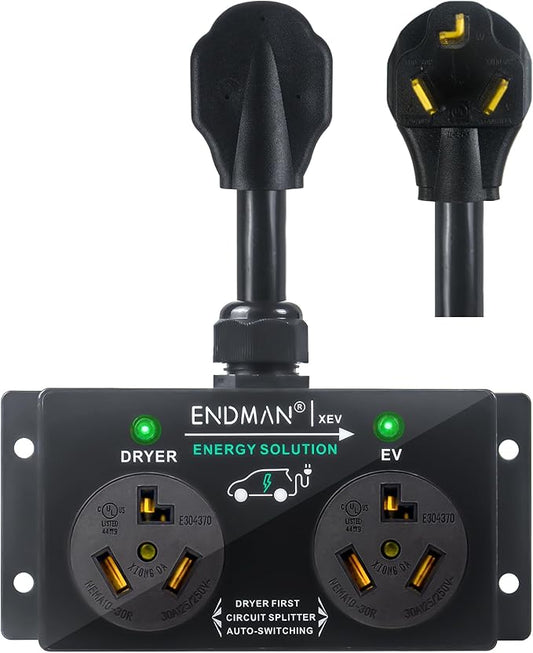 Automatic Power Switch for Dryer and EV (NEMA 10-30P Only) - 3-Prong Intelligent Splitter for Pre-1996 Homes - Share Old 240V Outlet - Compatible with Tesla & All EVs