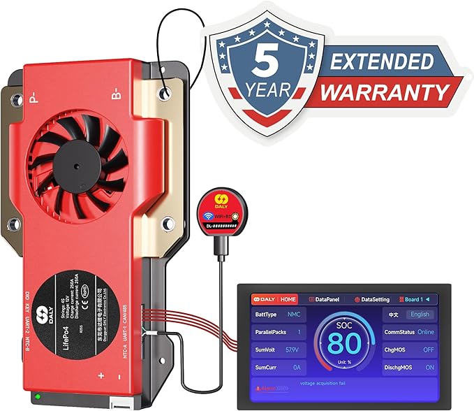 DALY BMS 12V 4S 250A Display - Smart BMS with 4.3 Inch LCD Touch Screen WiFi Bluetooth Module Supports RS485 CAN for 12V LiFePO4 RV Campers Boating Overlanding Home Energy