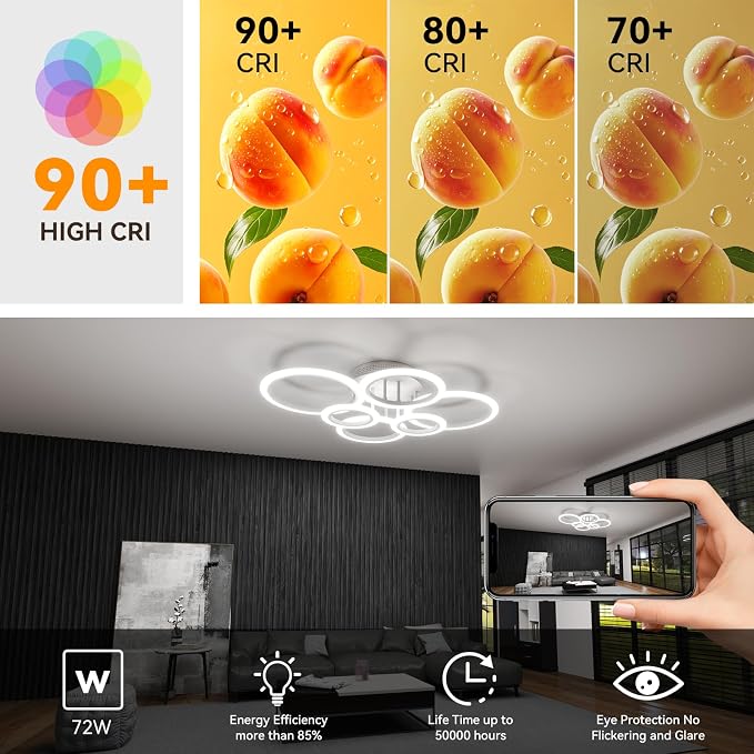 72W 6 Ring LED Ceiling Light Dimmable for Living Bedroom Kitchen | Smart App & Remote Control, 2800K-7000K Adjustable, Modern Flush Mount Ceiling Lamp for Multi-scene Indoor