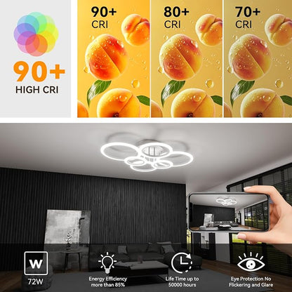72W 6 Ring LED Ceiling Light Dimmable for Living Bedroom Kitchen | Smart App & Remote Control, 2800K-7000K Adjustable, Modern Flush Mount Ceiling Lamp for Multi-scene Indoor