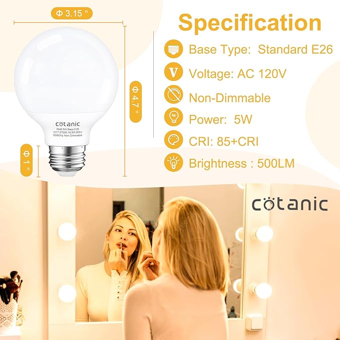 Cotanic G25 LED Vanity Light Bulb 2700K Warm White, Globe Light Bulbs for Bathroom Vanity Mirror 500LM,E26 Screw Base 5W 60W Incandescent Equivalent,Non-dimmable,Pack of 4