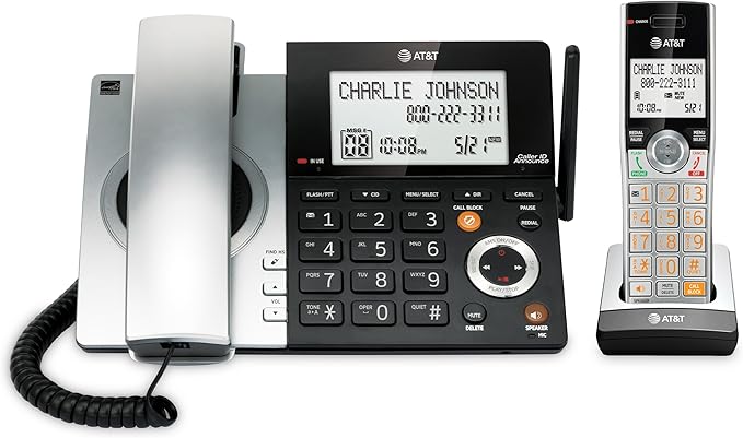 AT&T CL84107 DECT 6.0 Expandable Corded/Cordless Phone with Smart Call Blocker, Black/Silver with 1 Handset