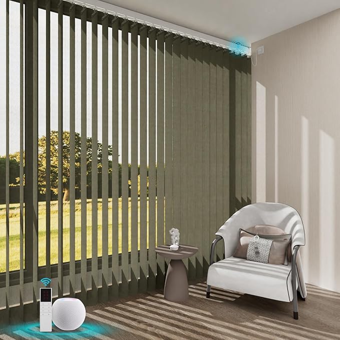 Motorized Sheer Vertical Blinds Work with Alex Google Home, Light Filtering Smart Vertical Blind Sliding Door Blinds Remote Control Blinds for Sliding Glass Door Customize(Elegant Grey)