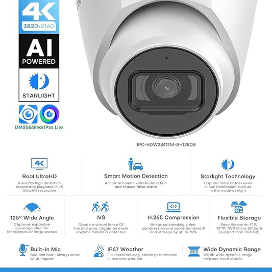 8MP IP Camera, 4K PoE Turret Outdoor Starlight Camera with Mic Audio, Human/Vehicle Detection, IVS, Intrusion Tripwire Alarm, 2.8mm 125°Wide Angle, Metal IP67, H265+, White