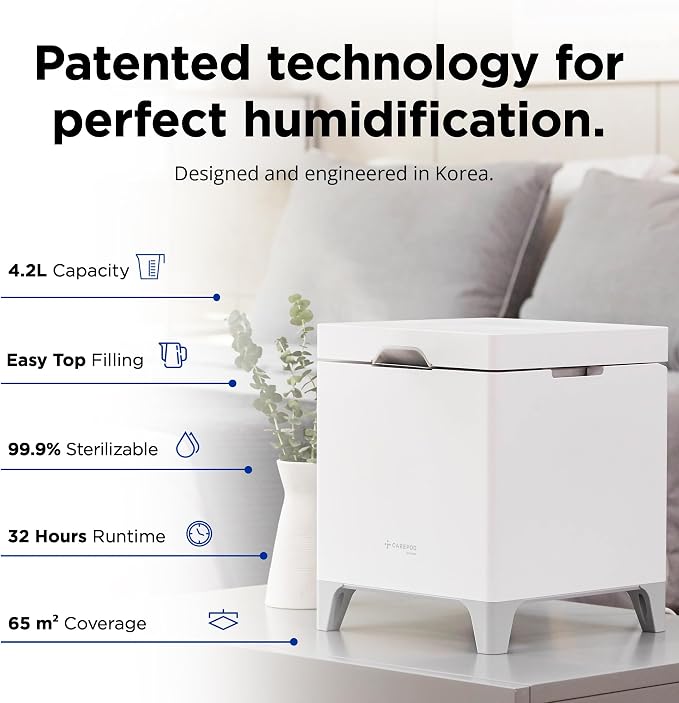 Carepod Cube Plus X50V Stainless Steel Humidifier - Easy to Clean, 3 Mist Level Settings, Auto-Humidity & Auto Shut-Off Feature, One Touch Built-in Sanitization, No Filters, Lasts 32Hrs (1.1Gal/4.2L)