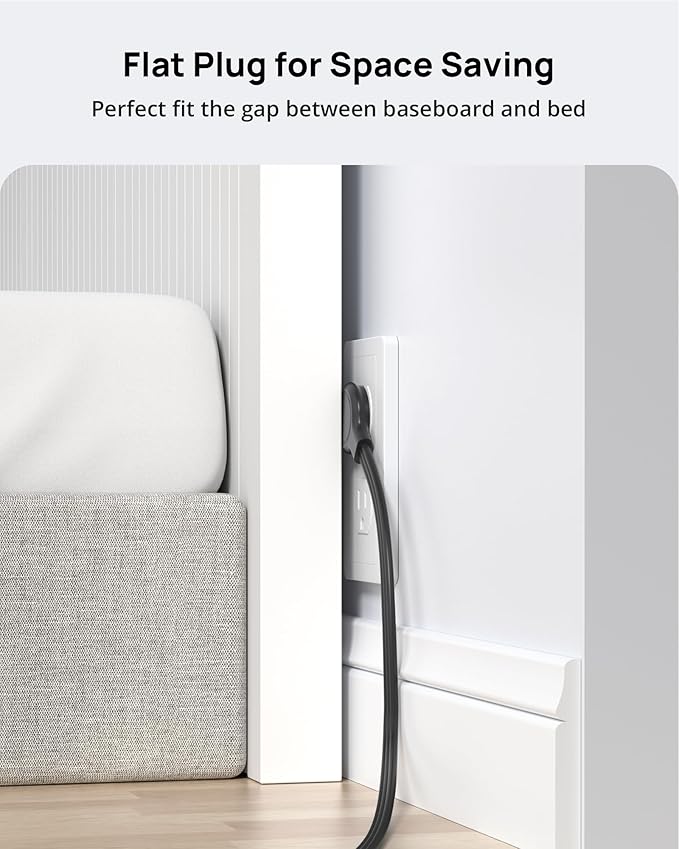 TROND Ultra Thin Flat Extension Cord, Flat Plug Power Strip with 3 USB Charger, 3 AC Outlets Desktop Charging Station, Wall Mount Low Profile Power Strip for Home, Bedroom, Dorm Room Essentials Black