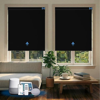 Motorized Blinds with Remote, Blackout Smart Blinds for Windows Automatic Roller Shades Compatible with Alexa, Motorized Shades Customized for Bedroom Home Office (Blackout-Fabric Black)