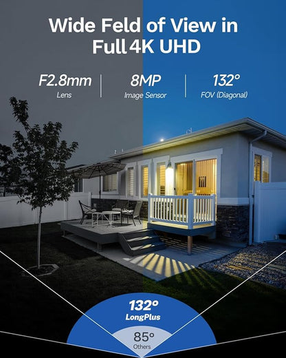 LongPlus 4K-UHD 8MP Poe Security Camera, Work with NVR, Wired Dome Camera, Color Night Vision, LED Spotlights, Red-Blue Alarm Lights, 132° FOV, Two-Way Audio, AI Motion Detection