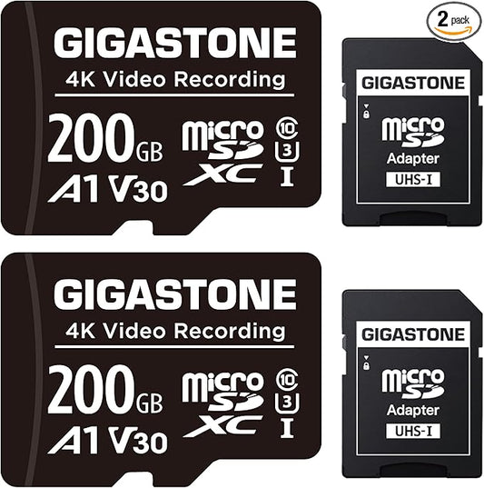GIGASTONE 200GB Micro SD Card 2-Pack, A1 V30 4K Video Recording, Compatible with Security Camera, Dash Cam, Drone, 100MB/s MicroSDXC Memory Card UHS-I, with Adapter