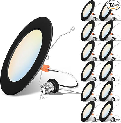 LVWIT 6 inch Black LED Recessed Lighting, Slim Can Lights, 9W=120W,1000LM, 5CCT Color Selectable, Dimmable Downlight with E26 Conversion Kit, 12Pack,IC Rated