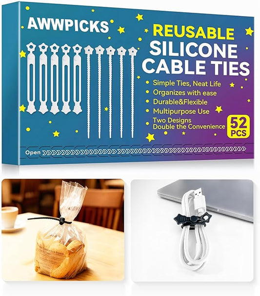 Silicone Cable Ties 52PCS Reusable Cord Organizer for Home Travel | Cord Organizer for Charging Cables, Data Cables & Computer Wires, Multipurpose Elastic Cable Management Straps（White）