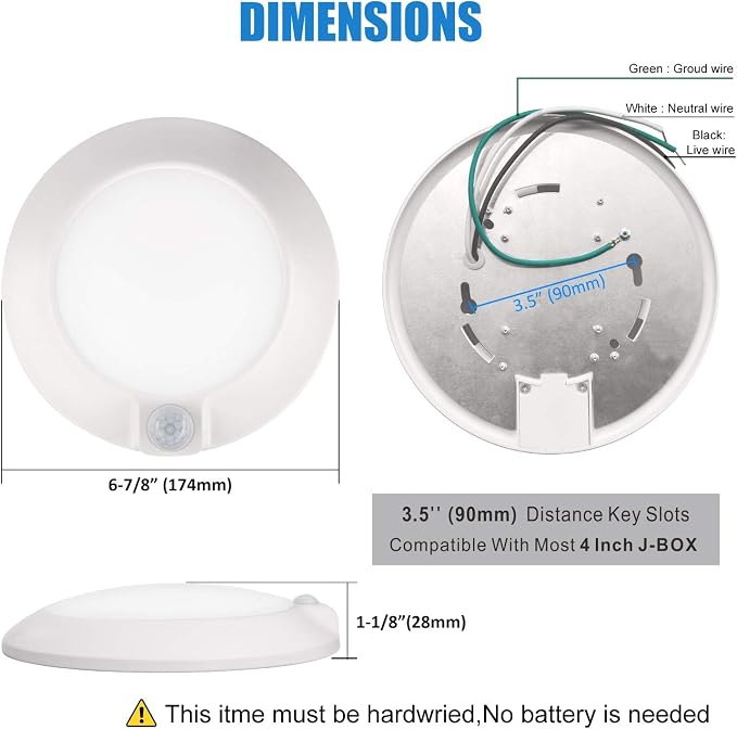 Closet Lights Motion Sensored Indoor Ceiling Mount LED-10W 5000K Closet Stair Porch Ceiling Pantry Motion Activated Light 6-7/8 Inch 90CRI 600lm Hardwire to Junction Box, No Battery, Damp Rated 4 Pack