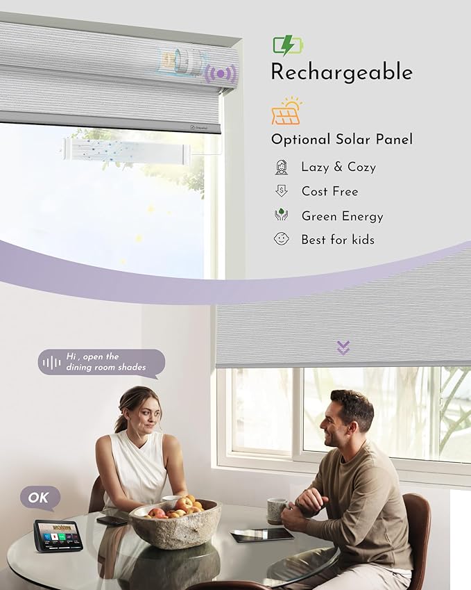 Graywind Smart Blackout Roller Shades for Alexa Google Textured Gleaming Fabric Rechargeable Motorized Blinds Cordless Remote Control Window Shades, Custom Size (Striped Light Grey) (GW-QZYM-TH00)