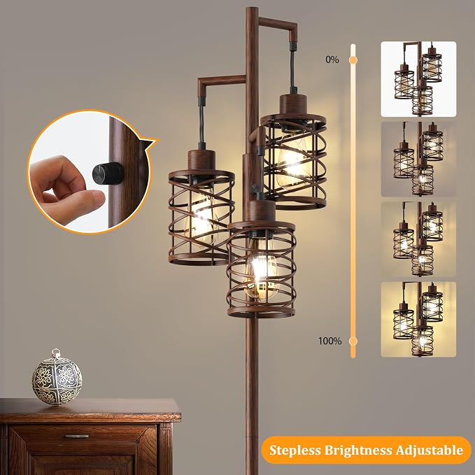 Oneach 70" Industrial Floor Lamp, Stepless Dimmable Standing Lamp with 3 Bulbs, Farmhouse Corner Standing Tree Lamp for Living Room, Tall Lamps for Bedroom, Office, Study Room, Dining Room