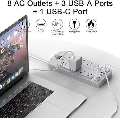 Surge Protector Power Strip - Nuetsa Flat Plug Extension Cord with 8 Outlets and 4 USB Ports, 10 Feet Power Cord (1625W/13A), 2700 Joules, ETL Listed, Grey