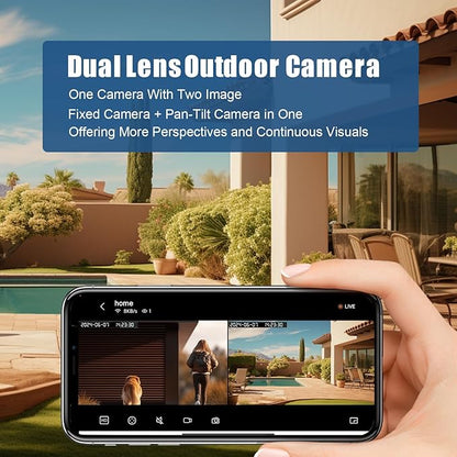 4MP Dual Lens Outdoor Security Camera with Night Vision & Floodlight, 355° Pan/Tilt Motion Tracking, 2.4GHz WiFi, SD/Cloud Storage, IP66 Waterproof, 2-Way Audio, Works with Mobile Apps & PC