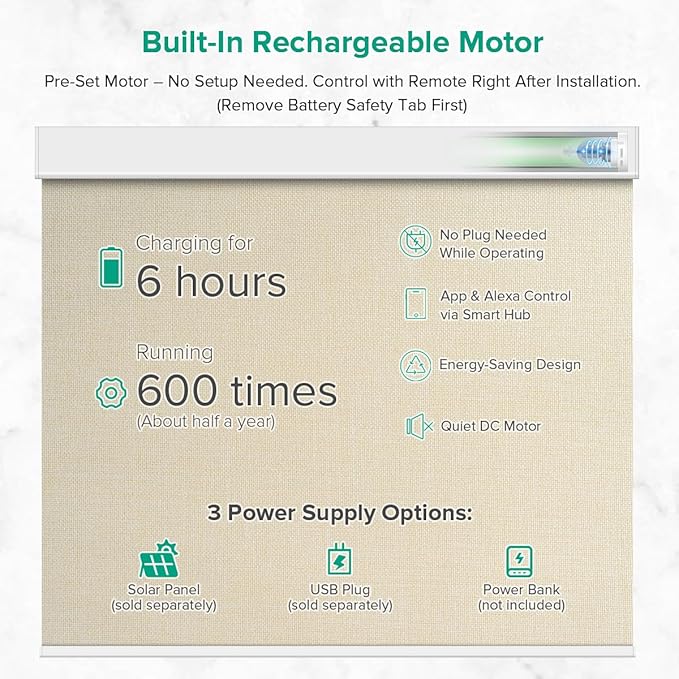 Motorized Roller Shades, Light Filtering Remote Control Custom Window Shades Compatible with Alexa Google Assistant via RF Hub, Rechargeable Electric Blinds for Windows (Beige)