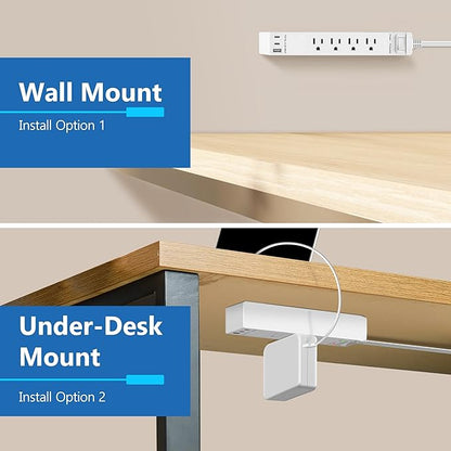 LIDER Outlet Extender with 4 Receptacles, USB Type-A and 2 USB Type-C, Ultra-Thin Flat-Plug, 4-Outlet Power Strip, 45 Degree Angle, Surge Protector, 1500 Joules, 5ft Cord, UL-Listed, White, 2 Pack