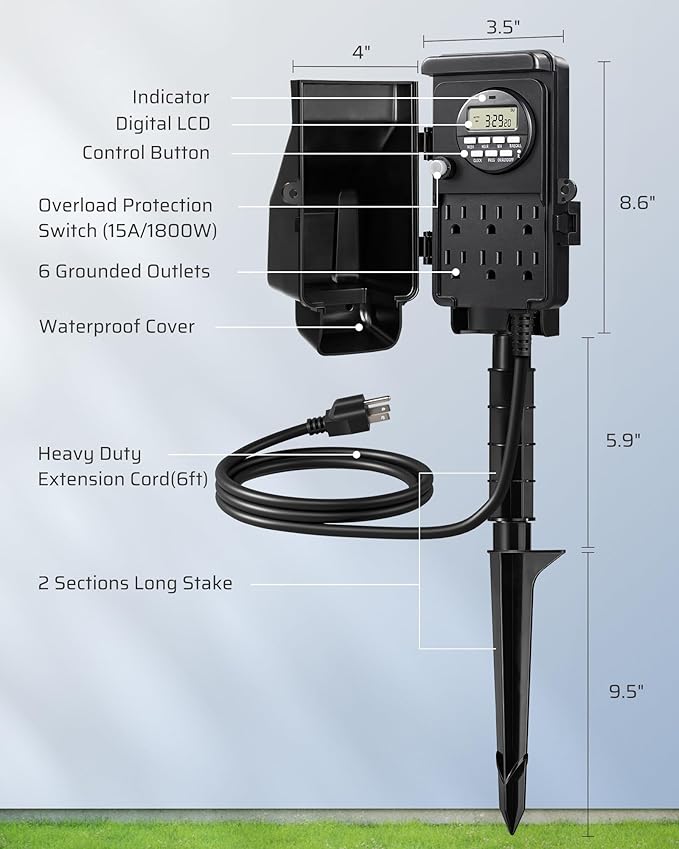 DEWENWILS Outdoor Digital Power Strip Timer, Waterproof Power Stake Timer | Waterproof 6 Outlets, 6ft Cord, Works for Outdoor Lights, Yard, Garden, 15A Heavy Duty, Overload Protection