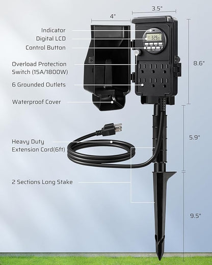 DEWENWILS Outdoor Digital Power Strip Timer, Waterproof Power Stake Timer | Waterproof 6 Outlets, 6ft Cord, Works for Outdoor Lights, Yard, Garden, 15A Heavy Duty, Overload Protection