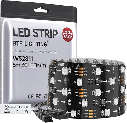 BTF-LIGHTING WS2811 Addressable RGB LED Strip 16.4FT 150LED DC12V IP30 | 50Pixels IC=RGB+IC UL Listed Black PCB Flexible Chasing Effect for Indoor Home Decor,3M Tape(No Adapter or Controller)
