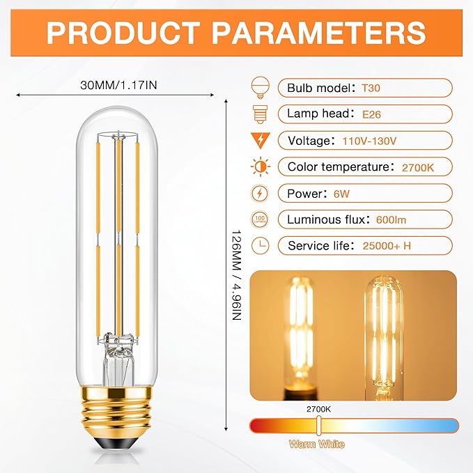 ToBeGreat T30 LED Light Bulbs 6 Watt Equivalent 60W E26 Tubular Bulbs T10 Edison LED Filament Bulb Warm White 2700K,Desk Lamp,Bedbroom Cafe Restaurant Party,Dimmable (Warm White 2700K, 5 in (6pack))