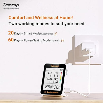 Temtop Air Quality Monitor with Indoor Thermometer & Thermo-Hygrometer – PM2.5, AQI, Temperature and Humidity Meter for Home, Office, Nursery, School, 60-Day Battery Life
