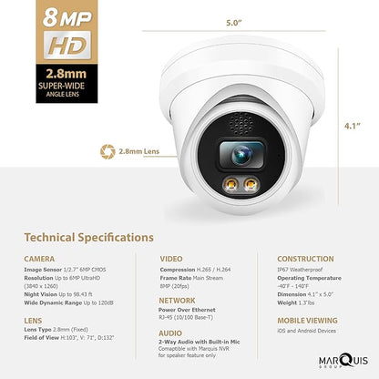 Marquis 8MP PoE IP Turret Camera Dual Light (Default IR) with Microphone, Audio, IP Security Camera Outdoor Night Vision 98ft Weatherproof IP67 Wide Angle 2.8mm