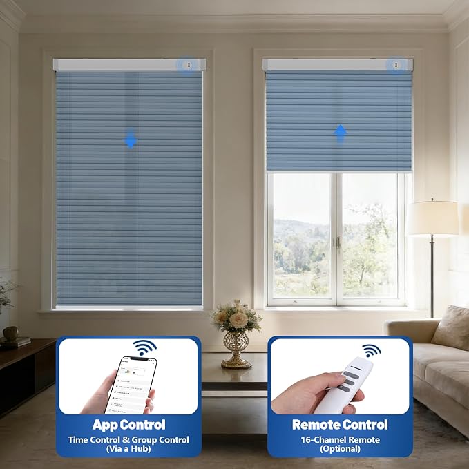 Motorized Cellular Shades with Remote, Light Filtering Smart Cellular Shades Compatible with Alexa, Honeycomb Window Blinds for Bedroom Home Office, Custom Size, Half Shading Blue