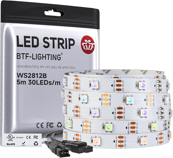 BTF-LIGHTING WS2812B IC RGB LED Strip,UL Listed,Pure Gold Wires,DC5V 16.4FT 150LED 5050SMD,Individually Addressable,Flexible for DIY Chasing Full Color Project,3M Tape,IP30(No Adapter or Controller)