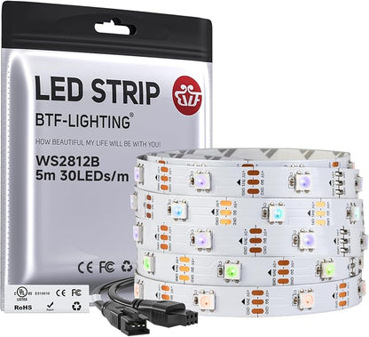 BTF-LIGHTING WS2812B IC RGB LED Strip,UL Listed,Pure Gold Wires,DC5V 16.4FT 150LED 5050SMD,Individually Addressable,Flexible for DIY Chasing Full Color Project,3M Tape,IP30(No Adapter or Controller)