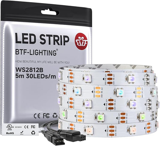 BTF-LIGHTING WS2812B IC RGB LED Strip,UL Listed,Pure Gold Wires,DC5V 16.4FT 150LED 5050SMD,Individually Addressable,Flexible for DIY Chasing Full Color Project,3M Tape,IP30(No Adapter or Controller)