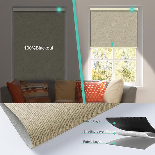 Motorized Blinds with Remote, Blackout Smart Automatic Electric Blinds for Windows Compatible with Alexa Homekit, Cordless Indoor Motorized Roller Shades with Custom Size（Sand Linen）