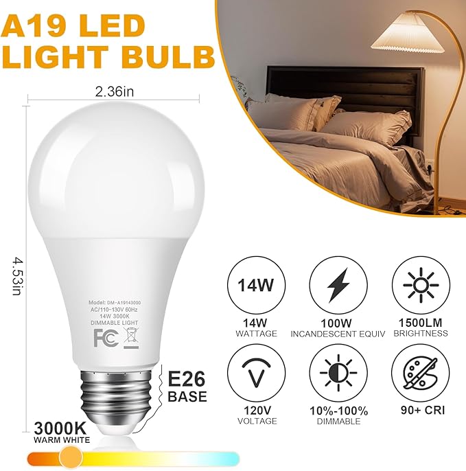 6-Pack 14W LED Dimmable Light Bulbs 100 Watt Equivalent, A19 LED Light bulbs Bright 1500LM LED Bulbs with E26 Standard Medium Base for Kitchen Bedroom Office Indoor, No Flicker, Warm White 3000K