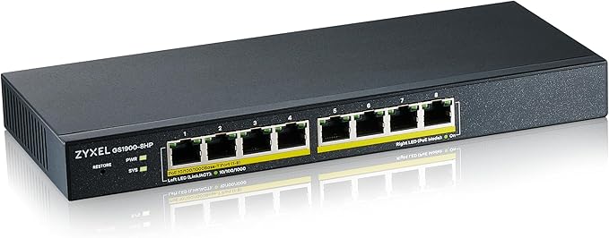 Zyxel 8 Port Network Ethernet Switch | Smart Managed PoE+ | GS1900-8HP | 8x GbE PoE+ with 77W Budget, Fanless, VLAN, QoS, IGMP Snooping, Link Aggregation, Wall Mount Kit Included, TAA Compliant